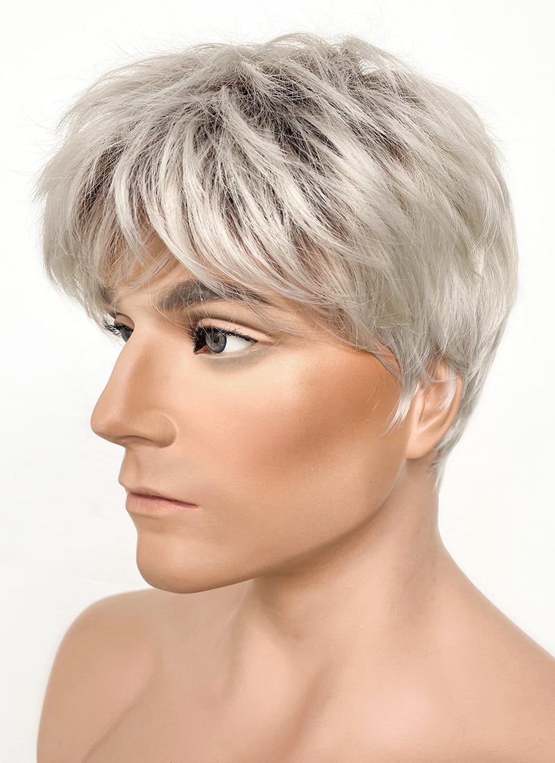 Ash Blonde With Dark Roots Straight Pixie Synthetic Hair Men's Wig NS424