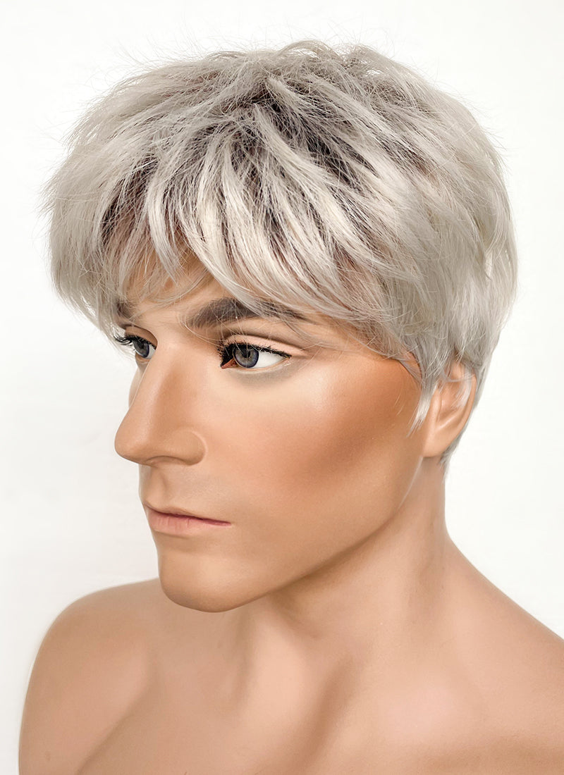 Ash Blonde With Dark Roots Straight Pixie Synthetic Hair Men's Wig NS424