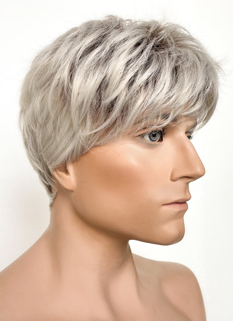 Ash Blonde With Dark Roots Straight Pixie Synthetic Hair Men's Wig NS424