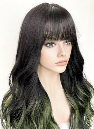 Black Mixed Green Wavy Synthetic Hair Wig NS425