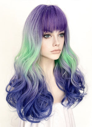 Purple Grey Green Blue Mixed Wavy Synthetic Hair Wig NS428