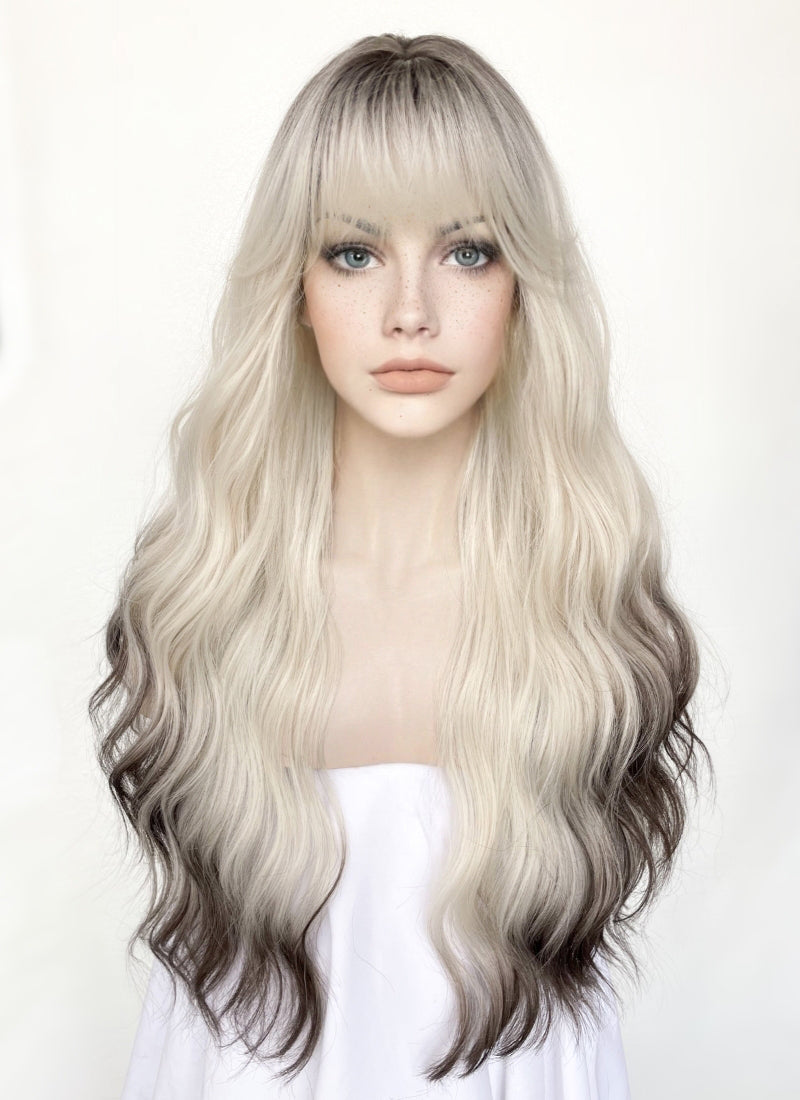 Blonde Mixed Brown With Dark Roots Wavy Synthetic Wig NS430