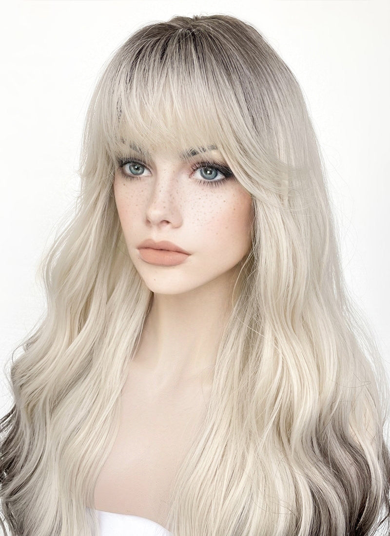 Blonde Mixed Brown With Dark Roots Wavy Synthetic Wig NS430