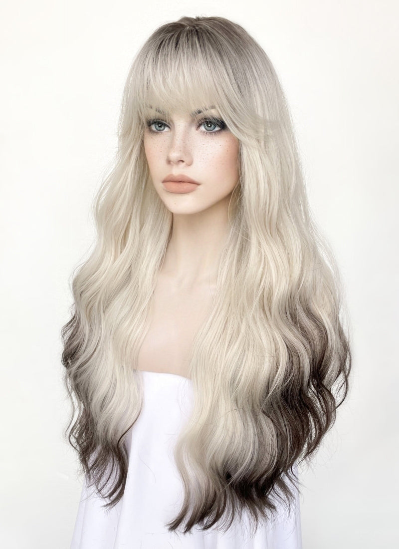 Blonde Mixed Brown With Dark Roots Wavy Synthetic Wig NS430