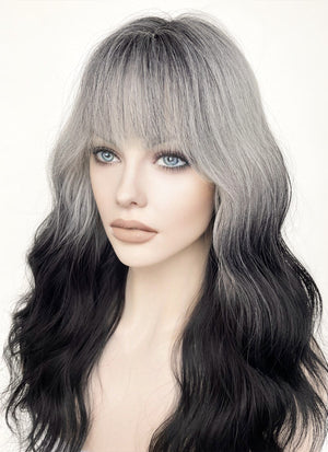 Grey Black Ombre With Dark Roots Wavy Synthetic Hair Wig NS436