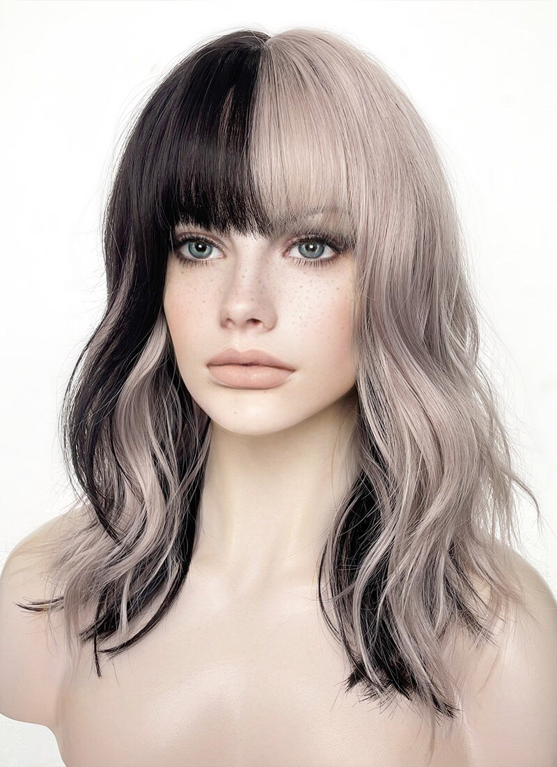 Ash Pinkish Blonde Mixed Black Wavy Synthetic Hair Wig NS483