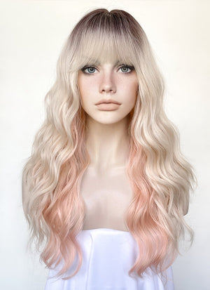 Blonde Mixed Pink With Dark Roots Wavy Synthetic Hair Wig NS486