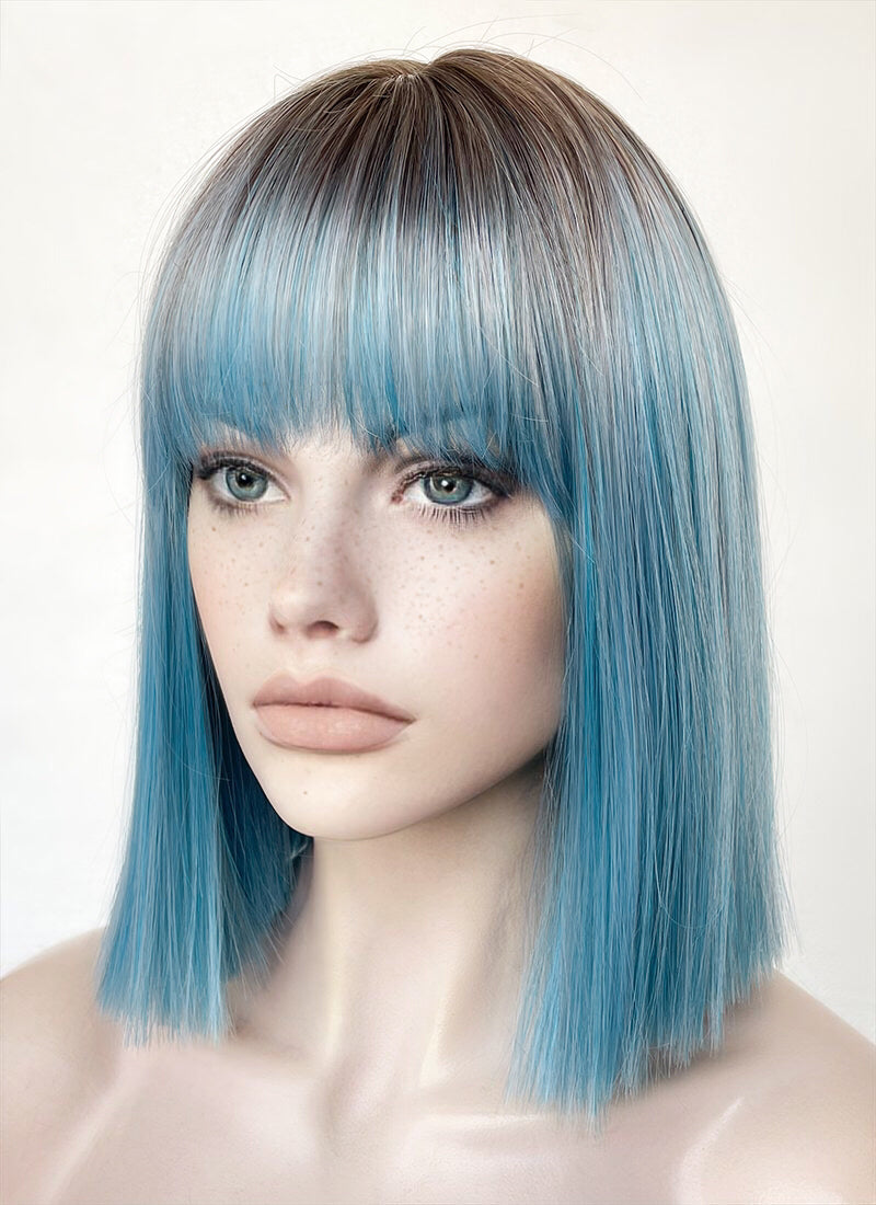 Blue With Dark Roots Straight Bob Synthetic Hair Wig NS487